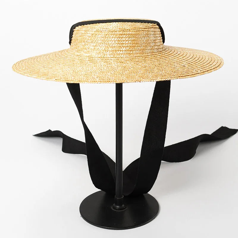 Wide Brim Boater Hat 10cm 15cm Brim Straw Hat Flat Women Summer Kentucky Derby Hat White Black Ribbon Tie Sun Hat Beach Cap