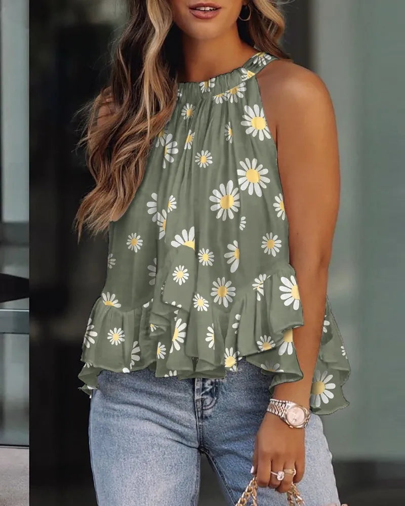 Casual Women Plunge Ruffles Sleeveless T-Shirts Vest Outfits Summer